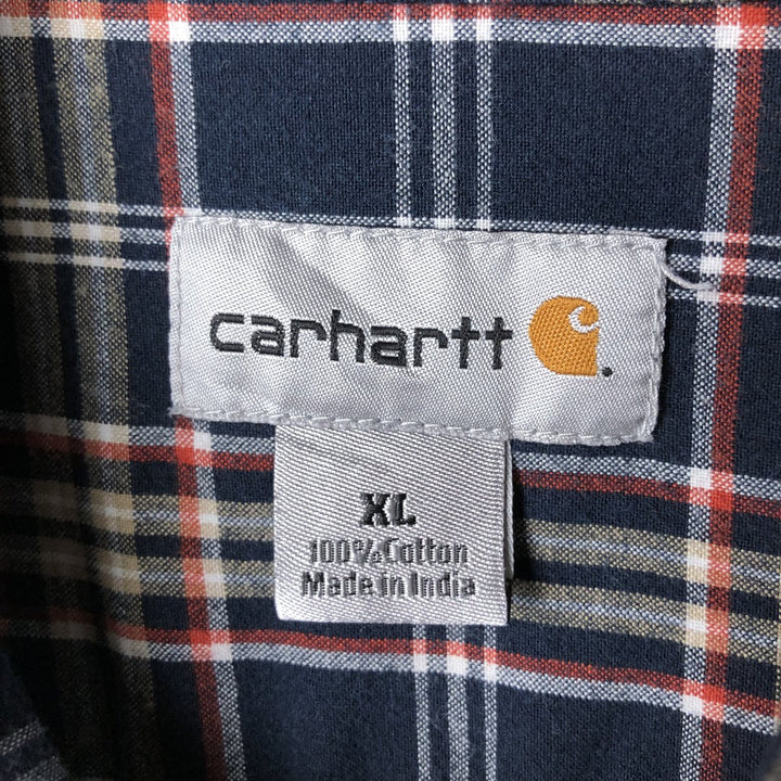 Carhartt Check Pattern Button-down Short Sleeve Work Shirt, Men's XL cotton navy blue type Vintage Second Hand