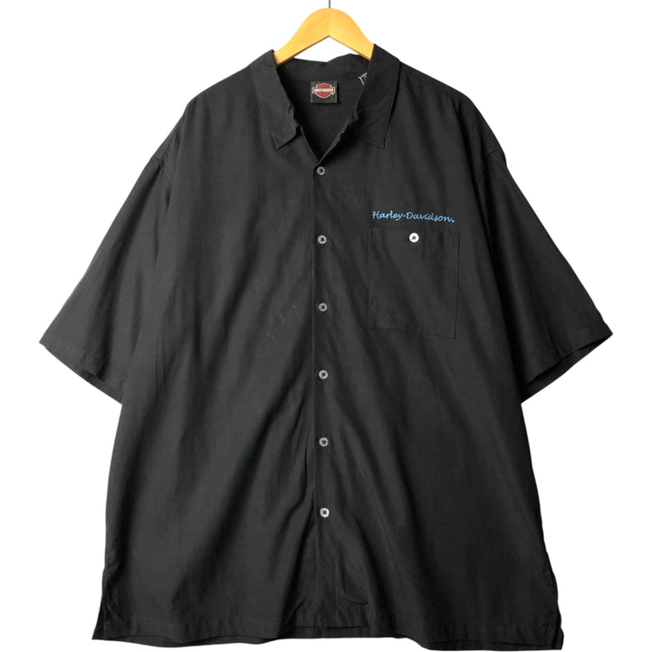 Oversized Harley-Davidson Pin-Up Girl Open Collar Short Sleeve Work Shirt, Boxy Shirt, Men's XXXL silk black type Vintage Second Hand