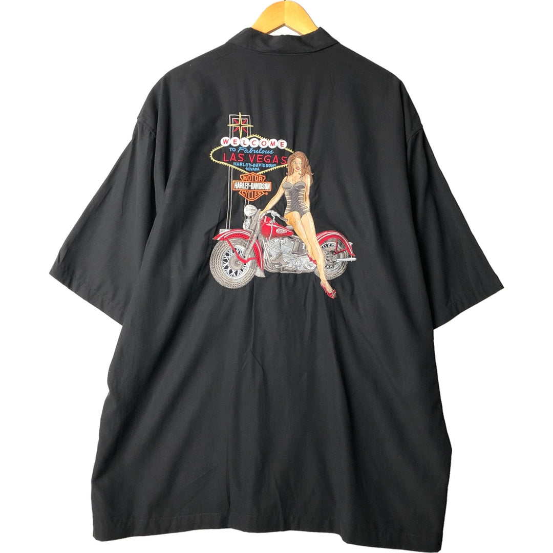 Oversized Harley-Davidson Pin-Up Girl Open Collar Short Sleeve Work Shirt, Boxy Shirt, Men's XXXL silk black type Vintage Second Hand