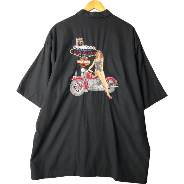 Oversized Harley-Davidson Pin-Up Girl Open Collar Short Sleeve Work Shirt, Boxy Shirt, Men's XXXL silk black type Vintage Second Hand