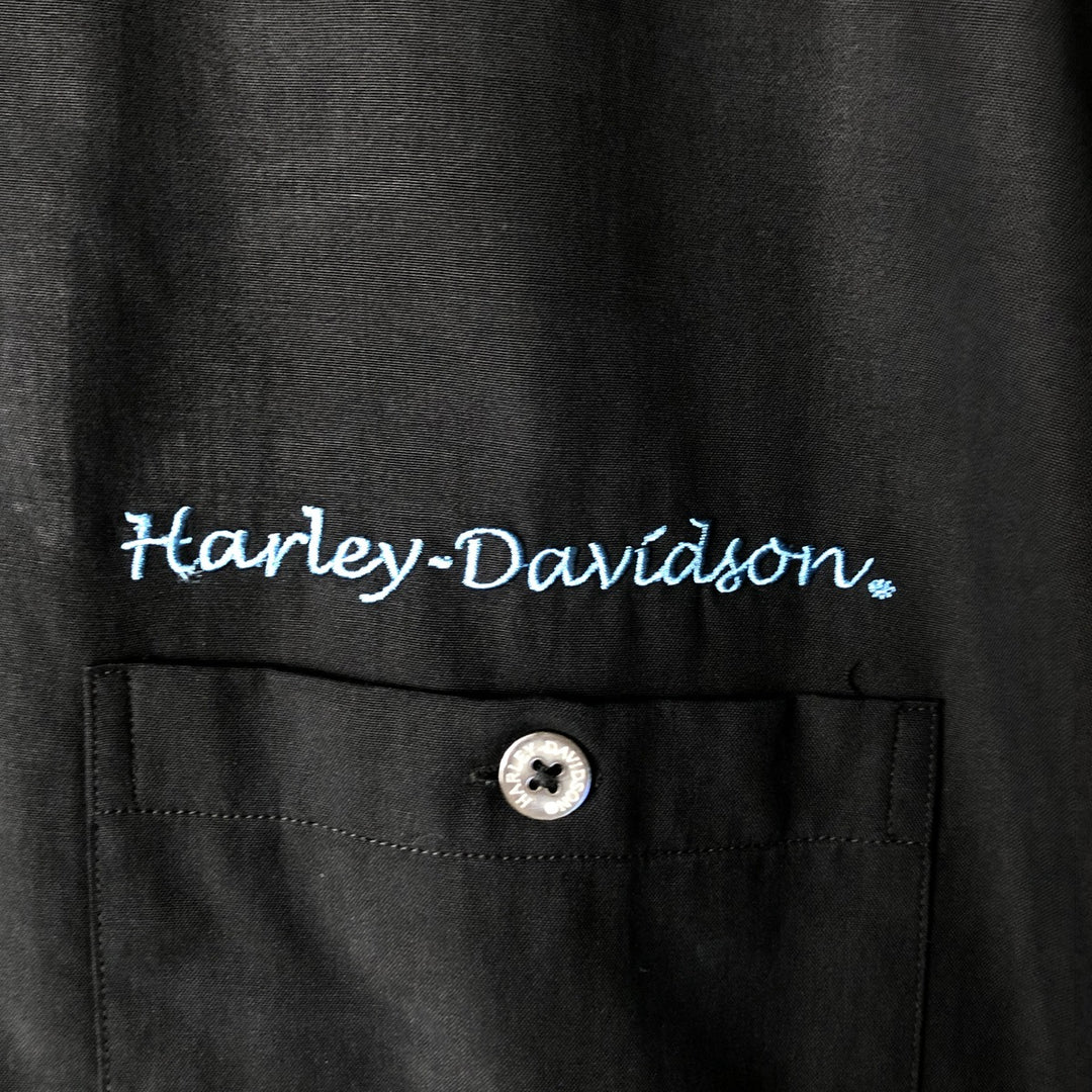 Oversized Harley-Davidson Pin-Up Girl Open Collar Short Sleeve Work Shirt, Boxy Shirt, Men's XXXL silk black type Vintage Second Hand