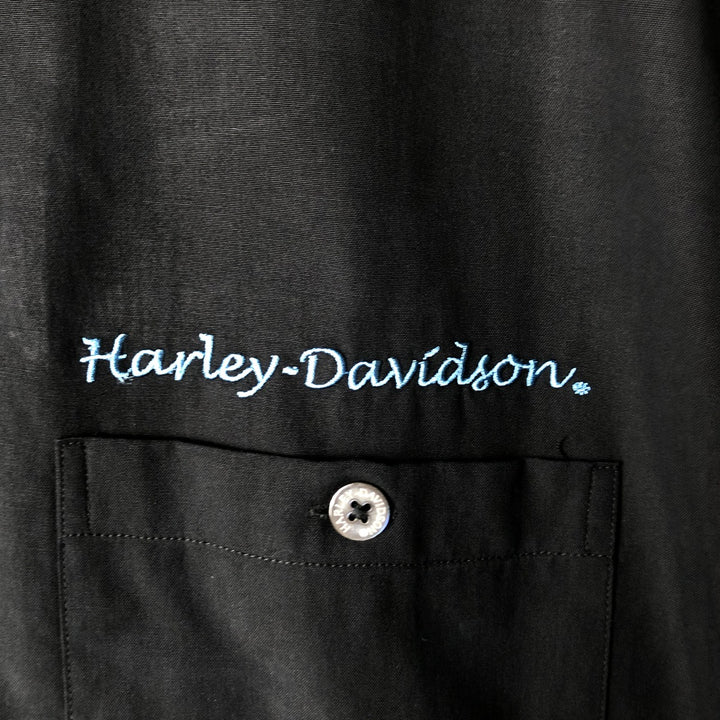 Oversized Harley-Davidson Pin-Up Girl Open Collar Short Sleeve Work Shirt, Boxy Shirt, Men's XXXL silk black type Vintage Second Hand