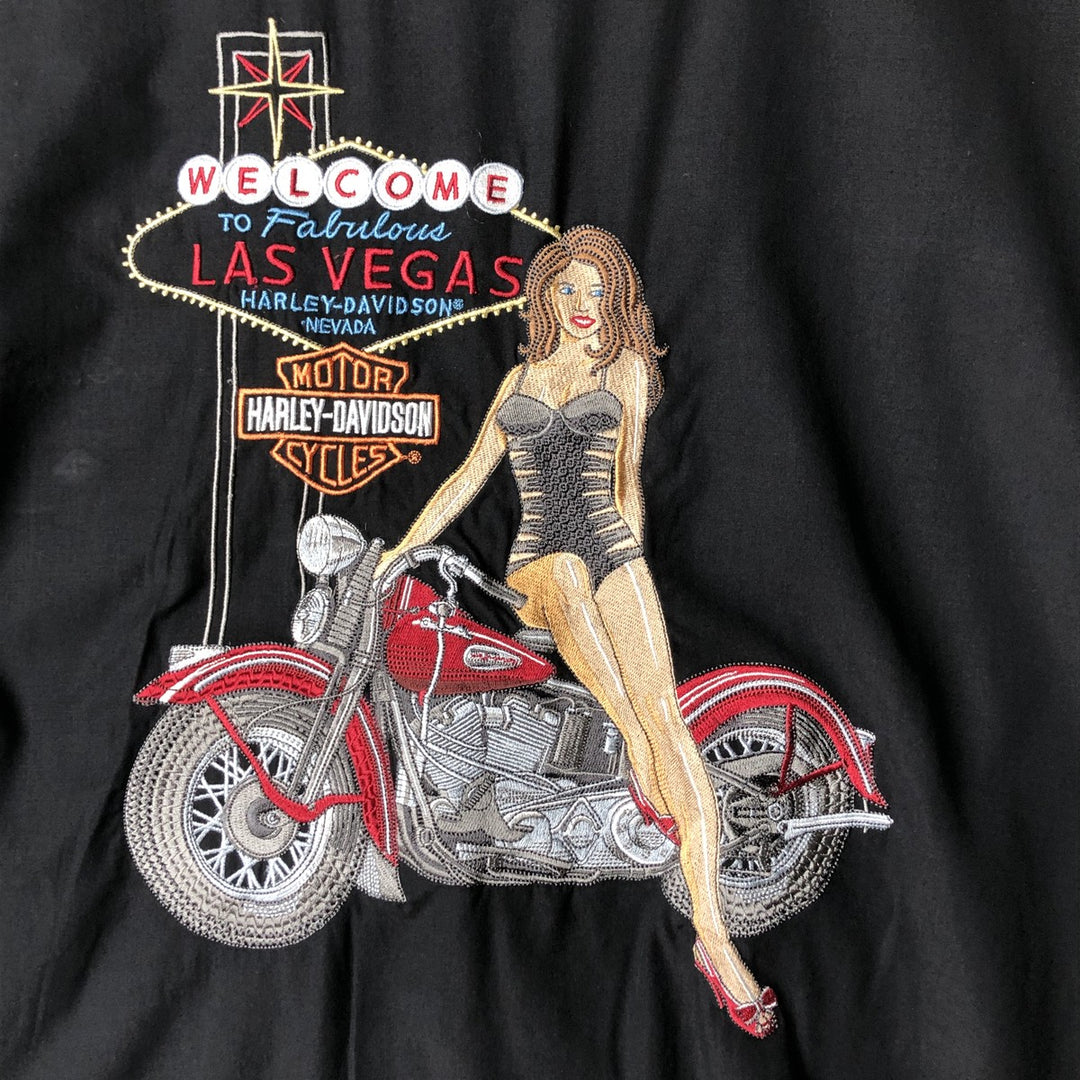 Oversized Harley-Davidson Pin-Up Girl Open Collar Short Sleeve Work Shirt, Boxy Shirt, Men's XXXL silk black type Vintage Second Hand