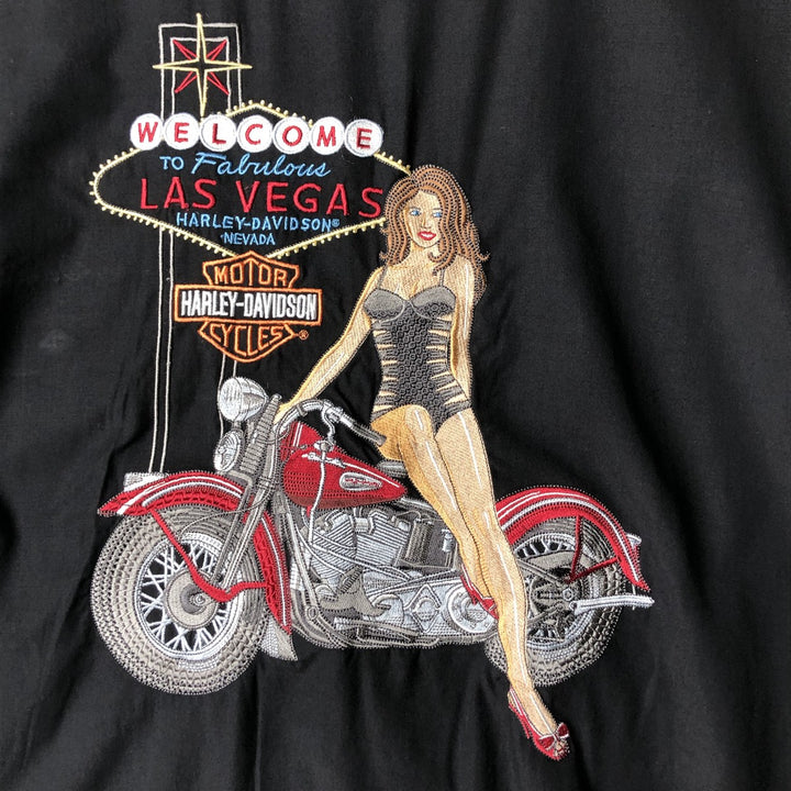 Oversized Harley-Davidson Pin-Up Girl Open Collar Short Sleeve Work Shirt, Boxy Shirt, Men's XXXL silk black type Vintage Second Hand