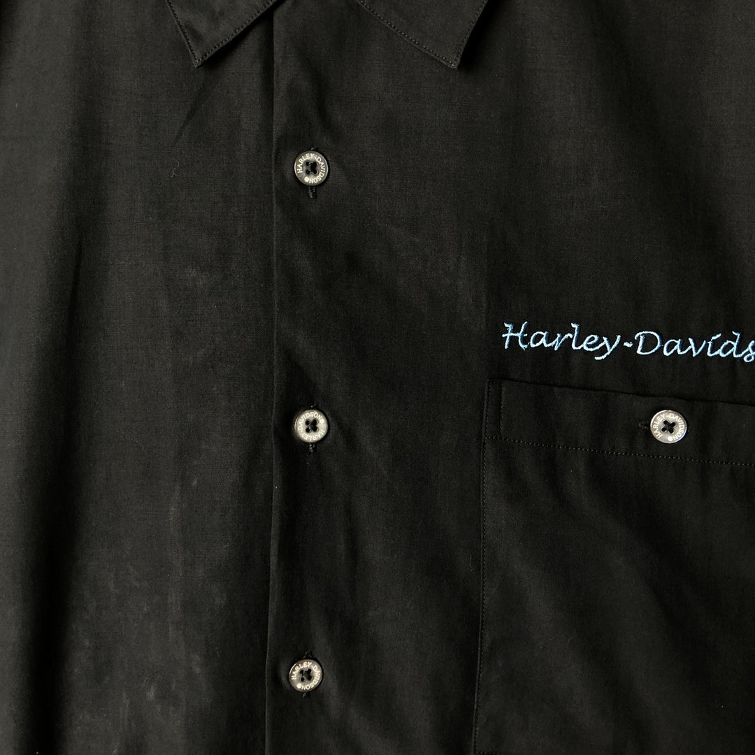 Oversized Harley-Davidson Pin-Up Girl Open Collar Short Sleeve Work Shirt, Boxy Shirt, Men's XXXL silk black type Vintage Second Hand
