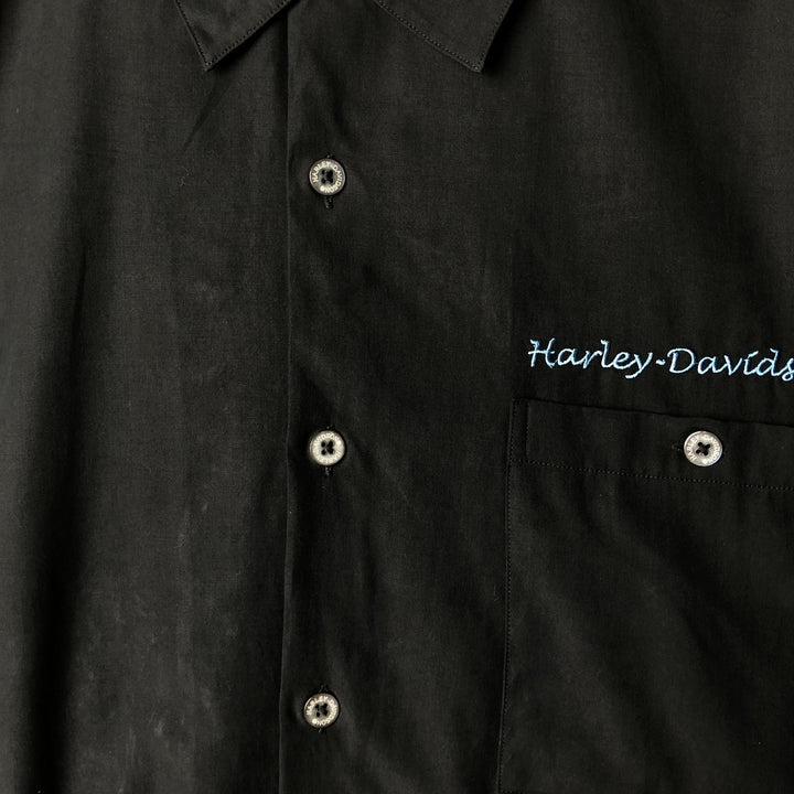 Oversized Harley-Davidson Pin-Up Girl Open Collar Short Sleeve Work Shirt, Boxy Shirt, Men's XXXL silk black type Vintage Second Hand
