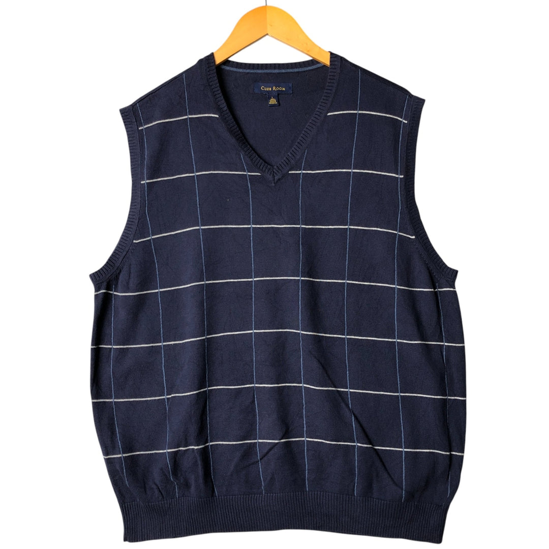 CLUB ROOM Check Pattern V-Neck Cotton Knit Vest, Men's Size L cotton navy blue type Vintage Second Hand