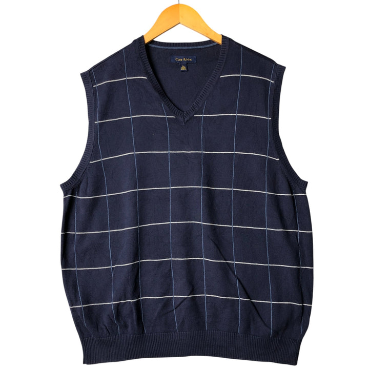 CLUB ROOM Check Pattern V-Neck Cotton Knit Vest, Men's Size L cotton navy blue type Vintage Second Hand