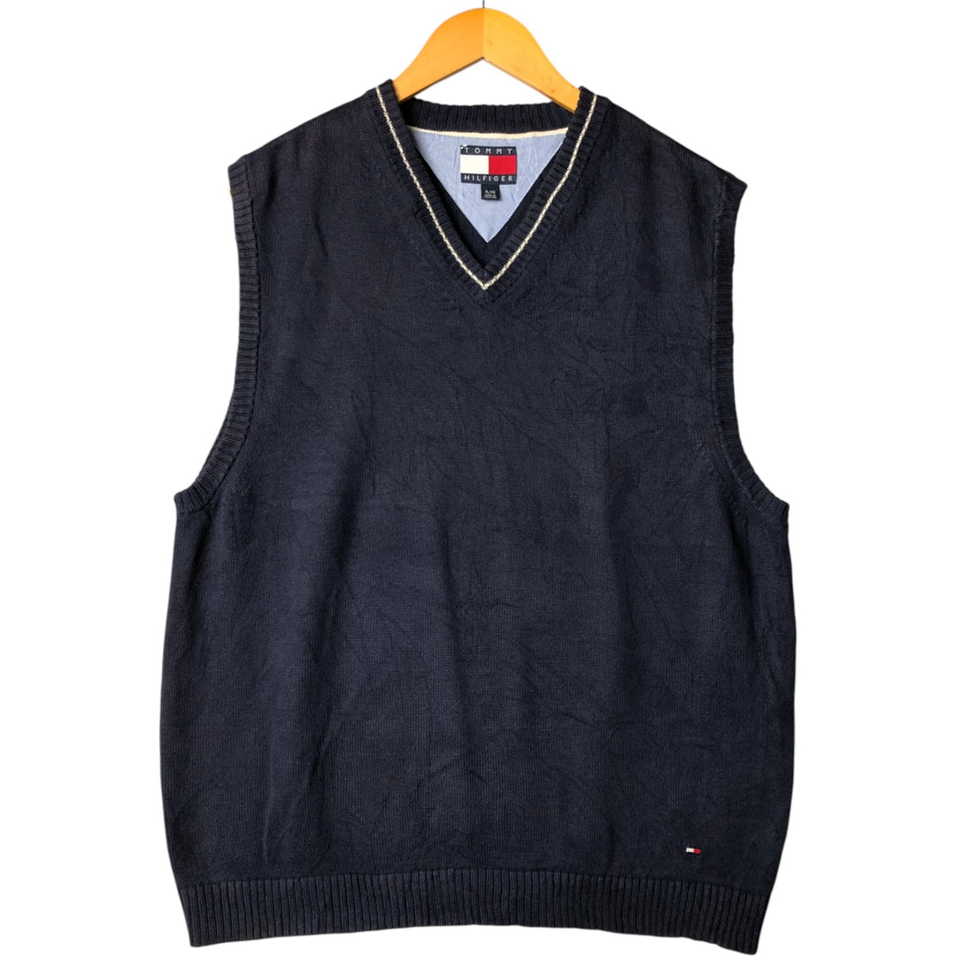 Vintage 90'S Tommy Hilfiger V-neck cotton knit vest, men's size XL cotton navy blue type Vintage Second Hand