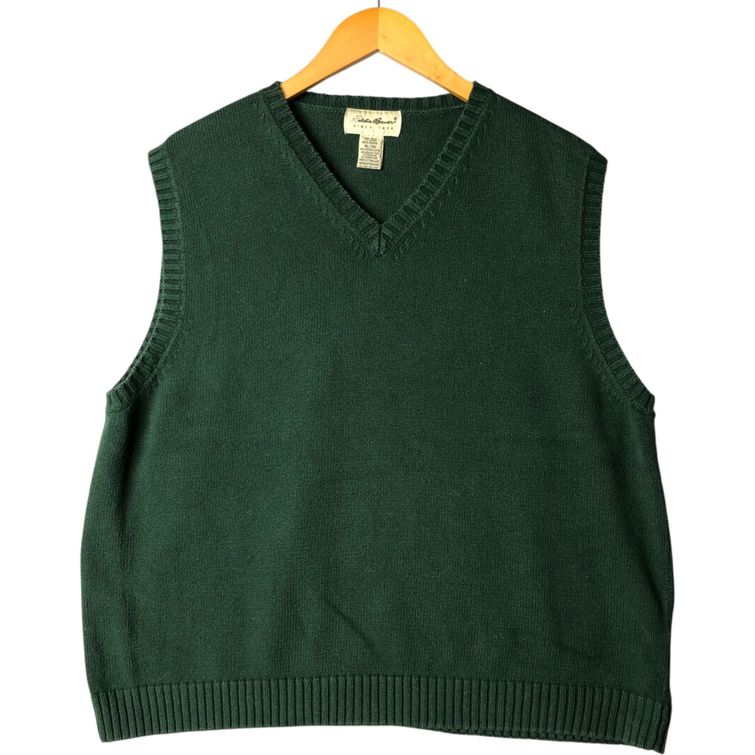 Eddie Bauer V-neck cotton knit vest, men's size XL cotton Green type dark green Vintage Second Hand