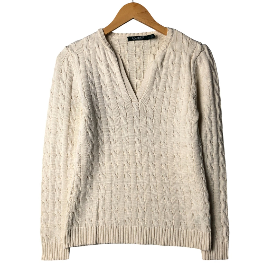 Ralph Lauren LAUREN Lauren slit neck cable knit cotton knit sweater women's size M cotton pale white type Vintage Second Hand