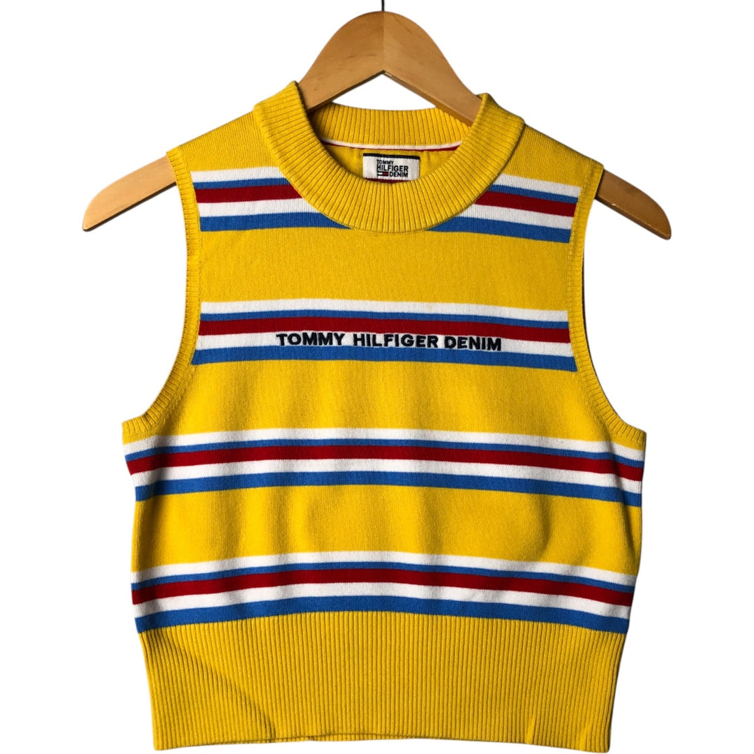 Tommy Hilfiger DENIM Striped Pattern Cropped Length Knit Vest Women's M Size unclear yellow type Vintage Second Hand