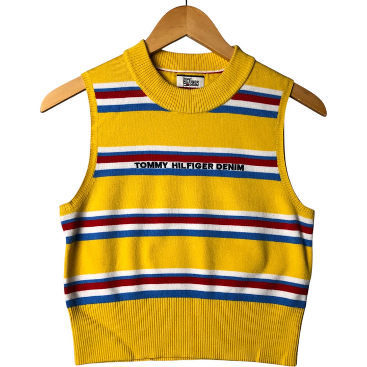 Tommy Hilfiger DENIM Striped Pattern Cropped Length Knit Vest Women's M Size unclear yellow type Vintage Second Hand