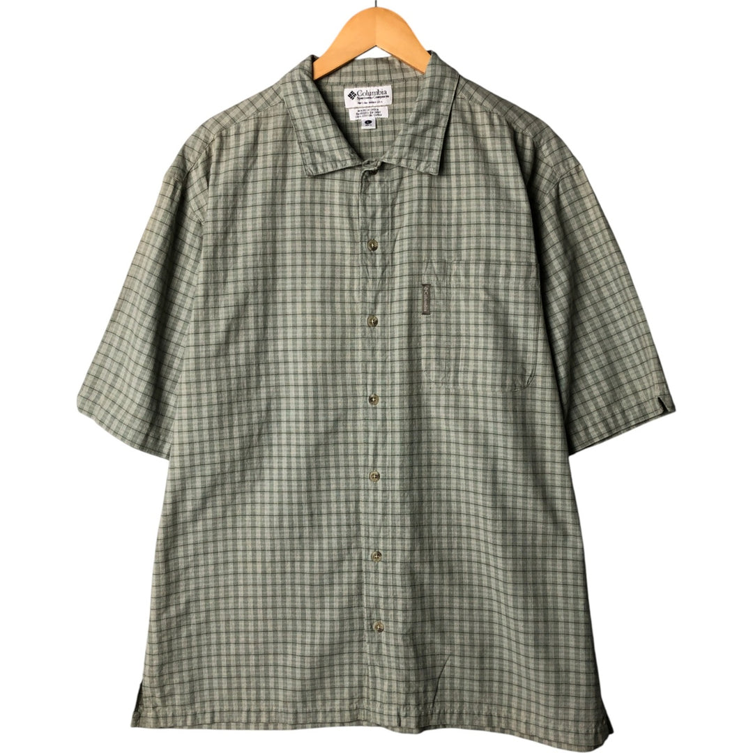 ~00'S Columbia Short Sleeve Cotton Check Shirt Box Shirt Men's L Size cotton Khaki type sage green Vintage Second Hand