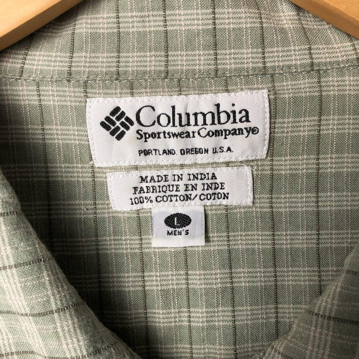 ~00'S Columbia Short Sleeve Cotton Check Shirt Box Shirt Men's L Size cotton Khaki type sage green Vintage Second Hand