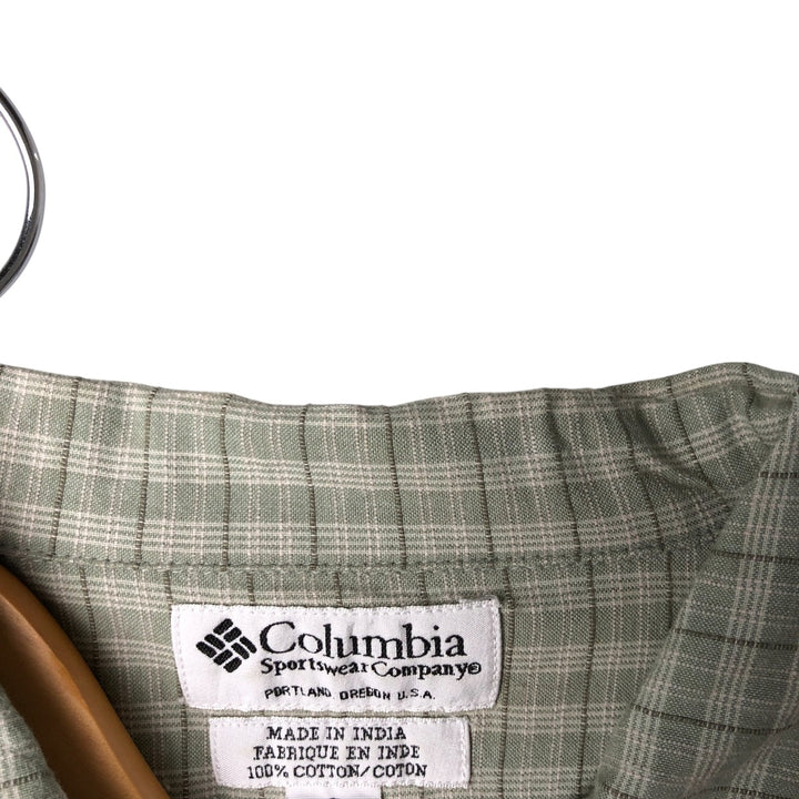~00'S Columbia Short Sleeve Cotton Check Shirt Box Shirt Men's L Size cotton Khaki type sage green Vintage Second Hand