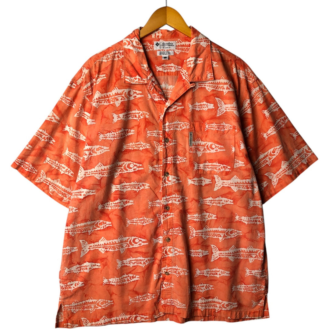 90s~00'S Columbia Fish Pattern Short Sleeve Open Collar Cotton Shirt Men's L Size Box Shirt Vintage cotton orange type Vintage Second Hand