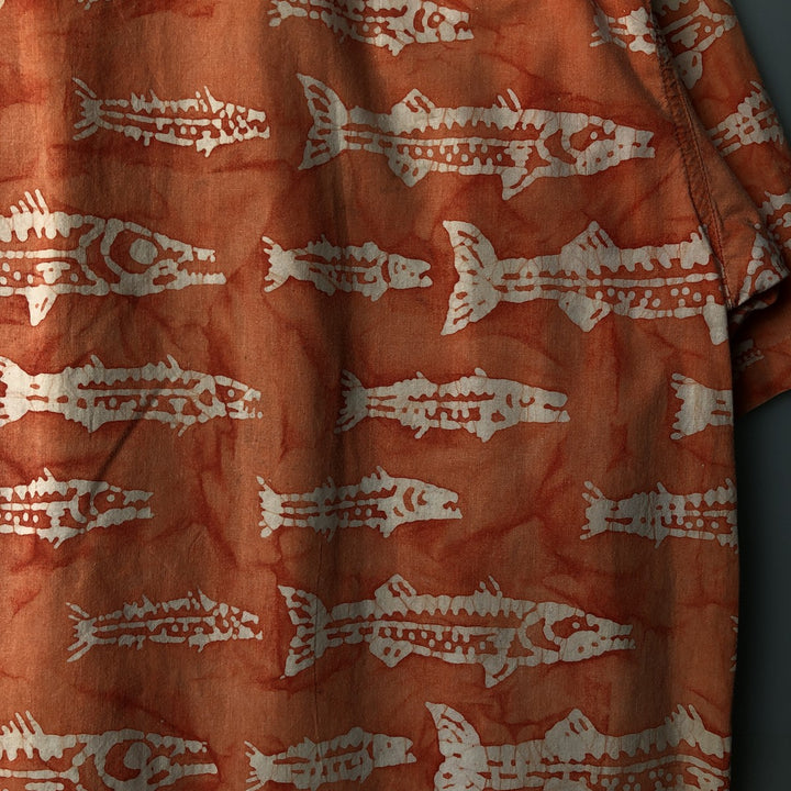 90s~00'S Columbia Fish Pattern Short Sleeve Open Collar Cotton Shirt Men's L Size Box Shirt Vintage cotton orange type Vintage Second Hand