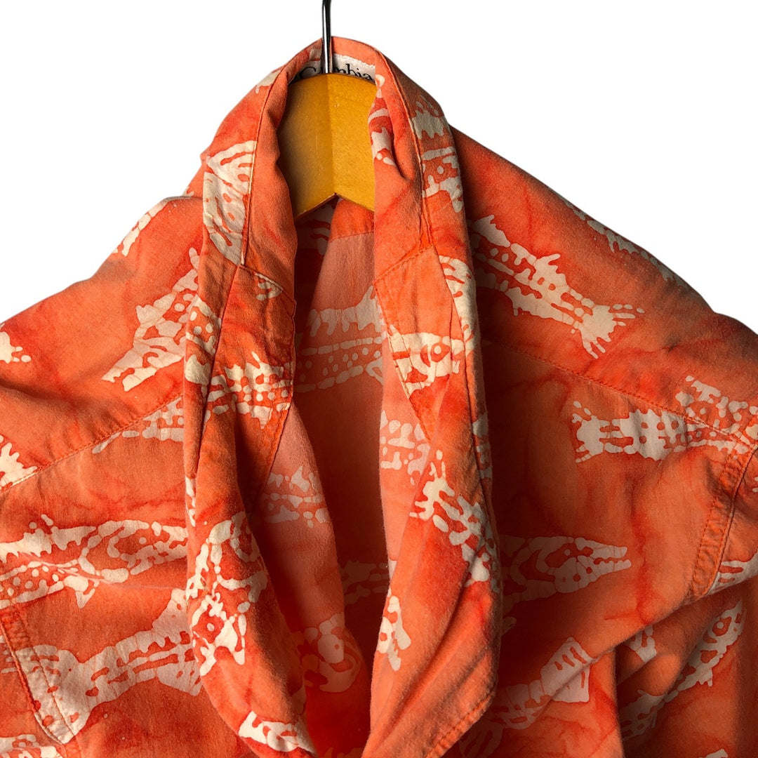 90s~00'S Columbia Fish Pattern Short Sleeve Open Collar Cotton Shirt Men's L Size Box Shirt Vintage cotton orange type Vintage Second Hand