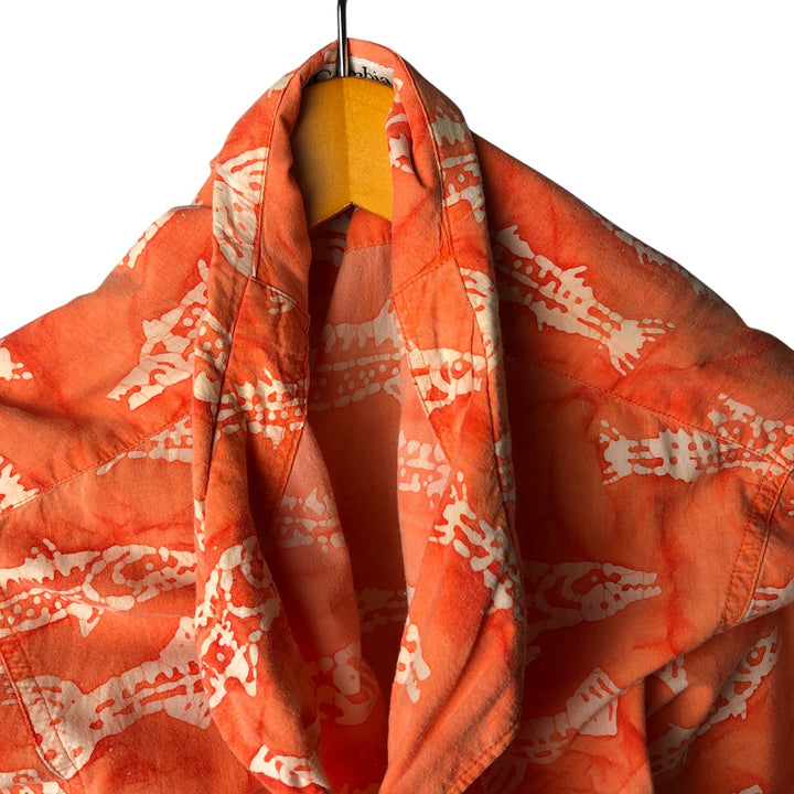 90s~00'S Columbia Fish Pattern Short Sleeve Open Collar Cotton Shirt Men's L Size Box Shirt Vintage cotton orange type Vintage Second Hand