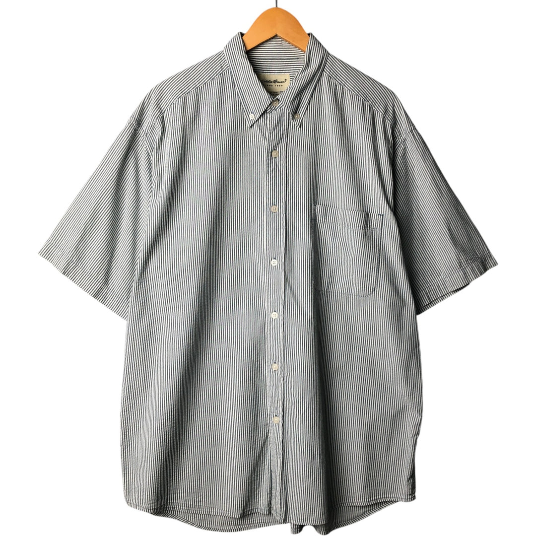 Eddie Bauer Seersucker Short Sleeve Cotton Striped Shirt, Men's Size L cotton Green type dark green Vintage Second Hand