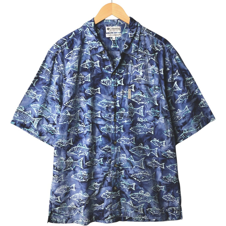 90s~00'S Columbia Fish Pattern Short Sleeve Open Collar Cotton Shirt Men's Medium Box Shirt Vintage cotton Blue type light blue Vintage Second Hand