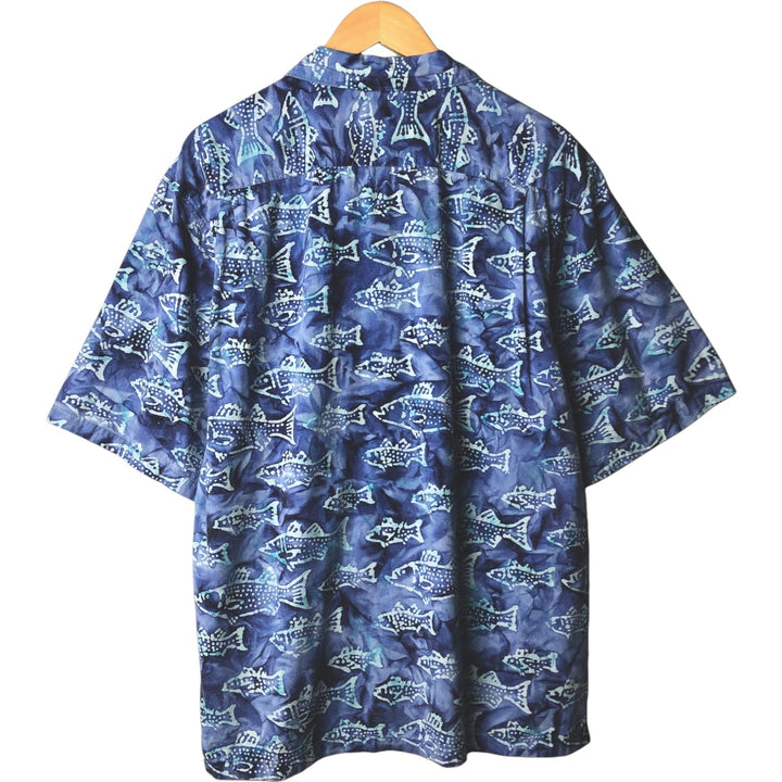 90s~00'S Columbia Fish Pattern Short Sleeve Open Collar Cotton Shirt Men's Medium Box Shirt Vintage cotton Blue type light blue Vintage Second Hand