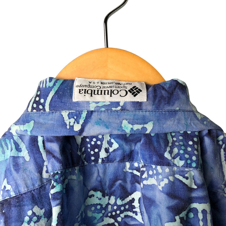 90s~00'S Columbia Fish Pattern Short Sleeve Open Collar Cotton Shirt Men's Medium Box Shirt Vintage cotton Blue type light blue Vintage Second Hand