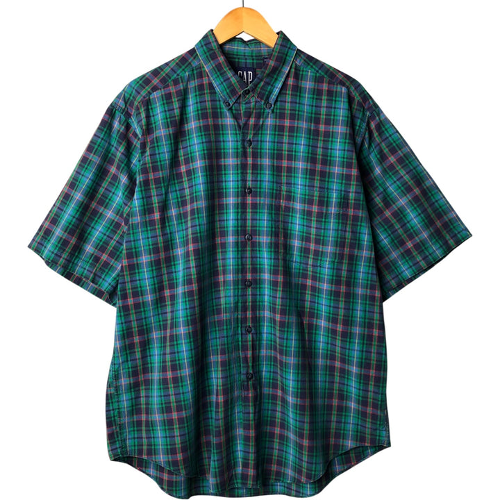 90'S GAP Old Gap Short Sleeve Cotton Check Shirt Men's L Size Vintage cotton green type Vintage Second Hand