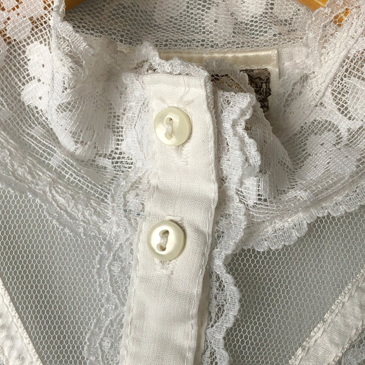 70'S Gunne Sax Gunnies stand-up collar long sleeve ruffle blouse for women size S polyester white type Vintage Second Hand