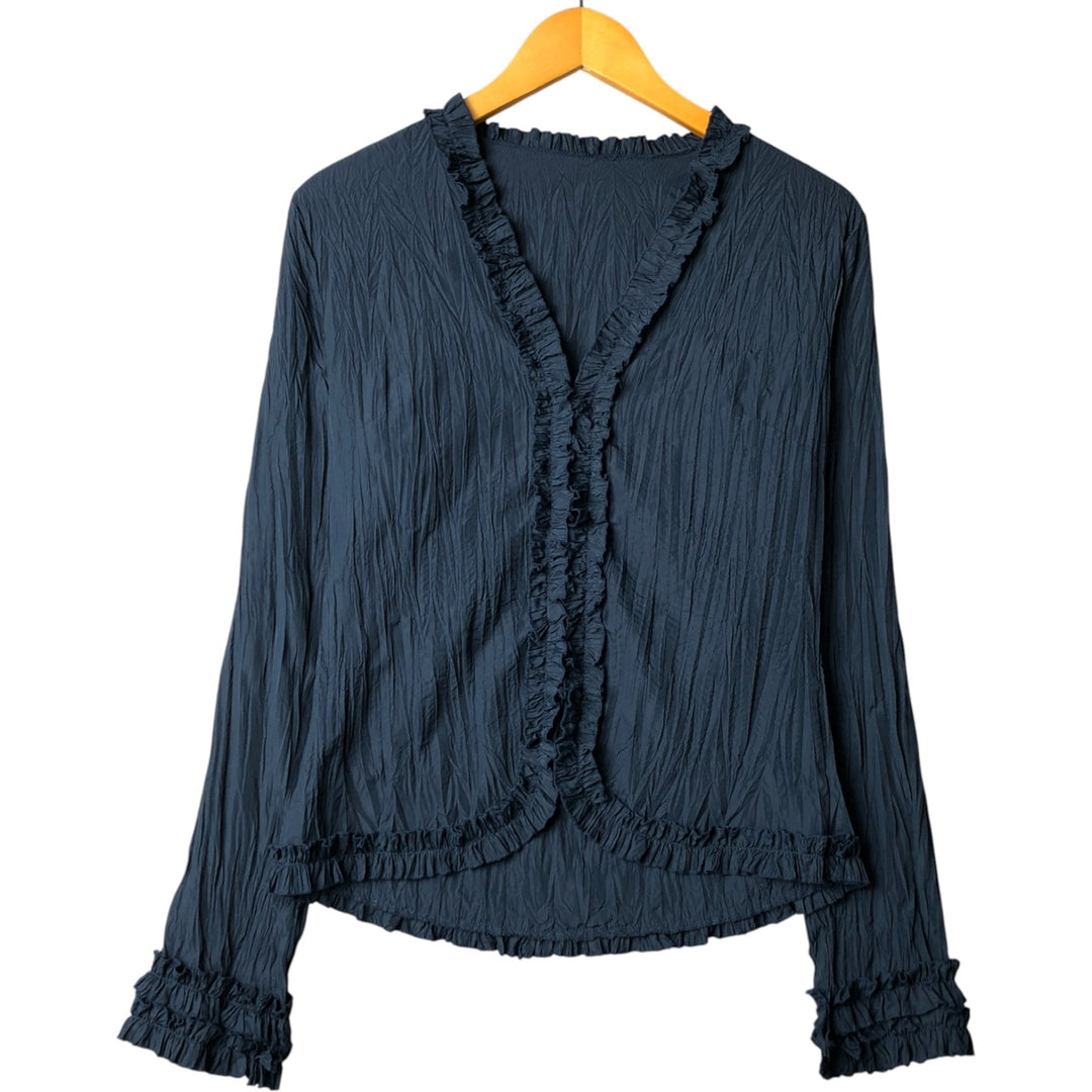 PROMOD V-neck Washer Long Sleeve Ruffle Blouse, Women's Size Medium polyester navy blue type Vintage Second Hand