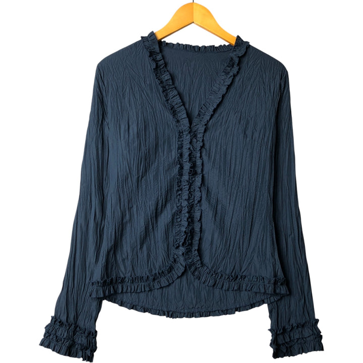 PROMOD V-neck Washer Long Sleeve Ruffle Blouse, Women's Size Medium polyester navy blue type Vintage Second Hand