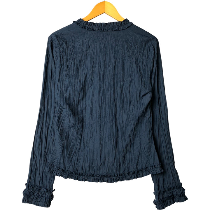 PROMOD V-neck Washer Long Sleeve Ruffle Blouse, Women's Size Medium polyester navy blue type Vintage Second Hand