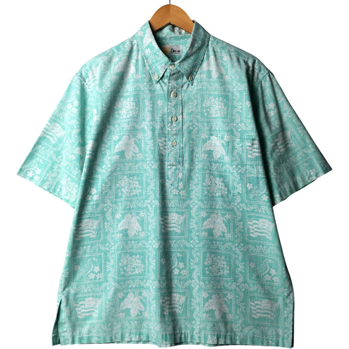80'S Reyn Spooner Gold Tag, Nude Tag, All-Over Print Lahaina Sailor Pullover Button-Down Hawaiian Aloha Shirt unclear Mint green Vintage Second Hand