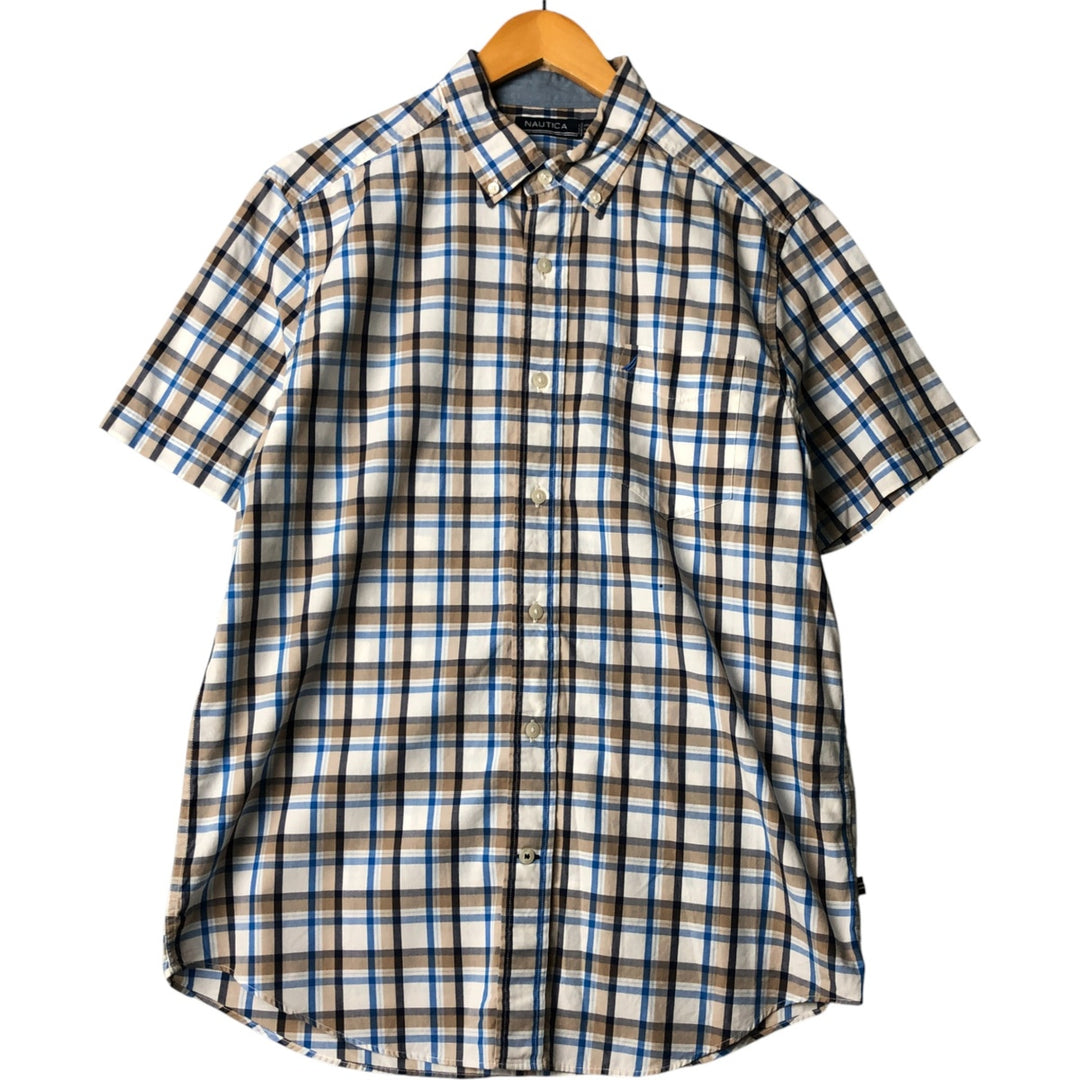 00s~ NAUTICA Check Pattern Short Sleeve Button Down Shirt Men's M size cotton pale white type Vintage Second Hand