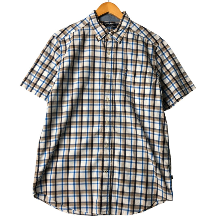 00s~ NAUTICA Check Pattern Short Sleeve Button Down Shirt Men's M size cotton pale white type Vintage Second Hand