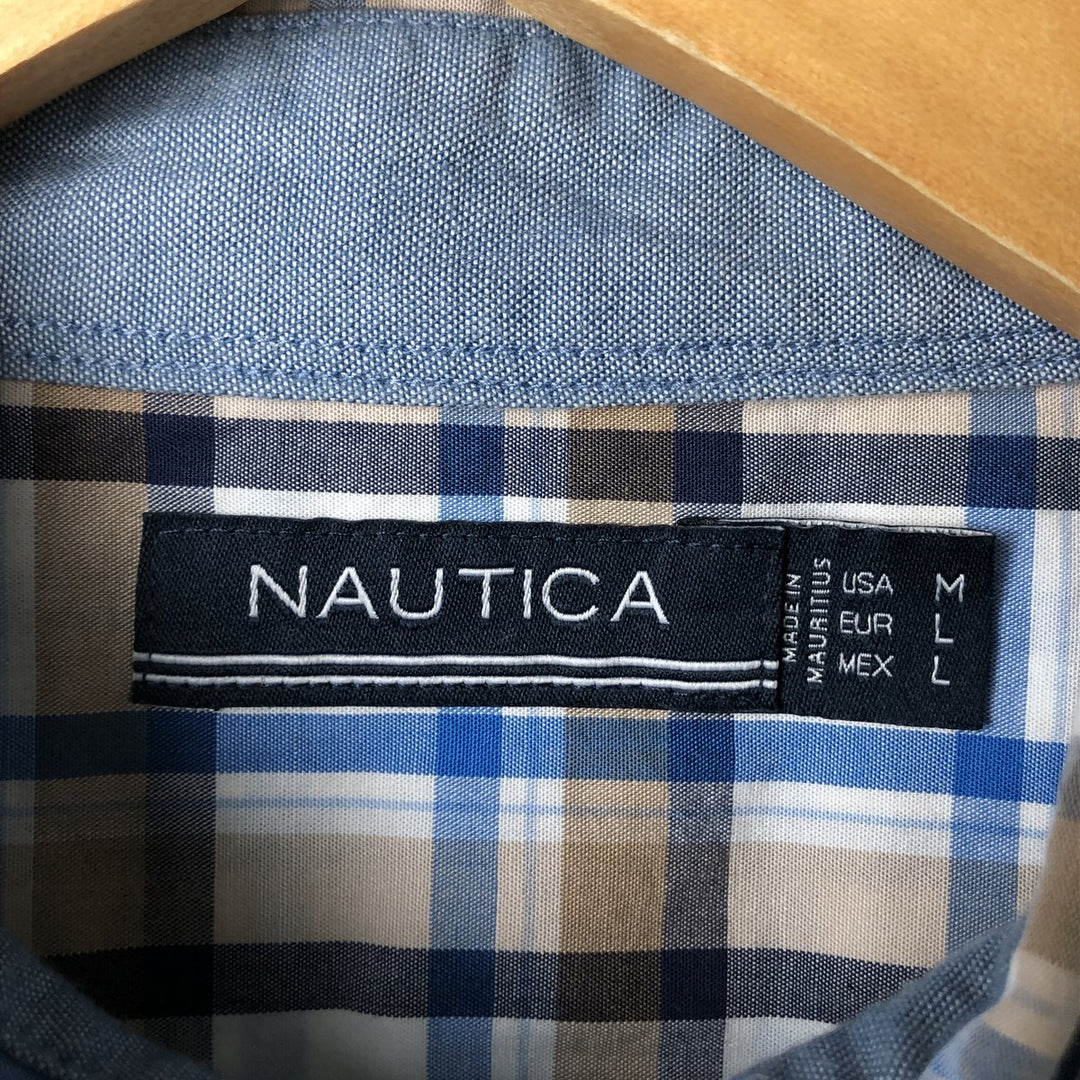 00s~ NAUTICA Check Pattern Short Sleeve Button Down Shirt Men's M size cotton pale white type Vintage Second Hand