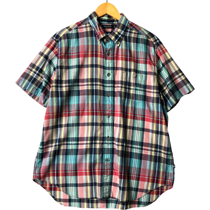 2000'S - Nautica Classic Fit Madras Check Short Sleeve Button-Down Shirt, Men's Size L cotton navy blue type Vintage Second Hand