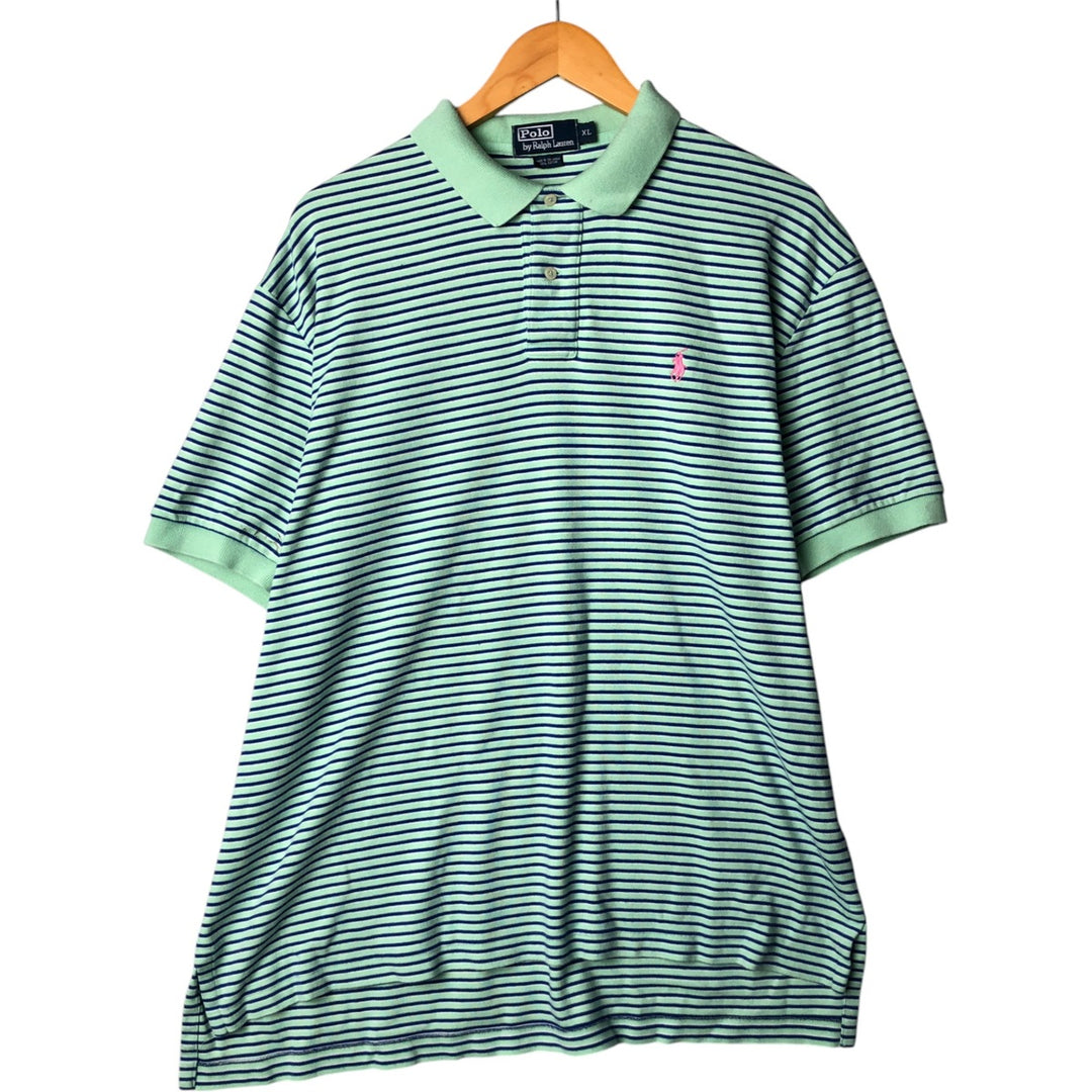 Ralph Lauren POLO by Ralph Lauren short sleeve striped polo shirt, men's XL size cotton Mint green Vintage Second Hand