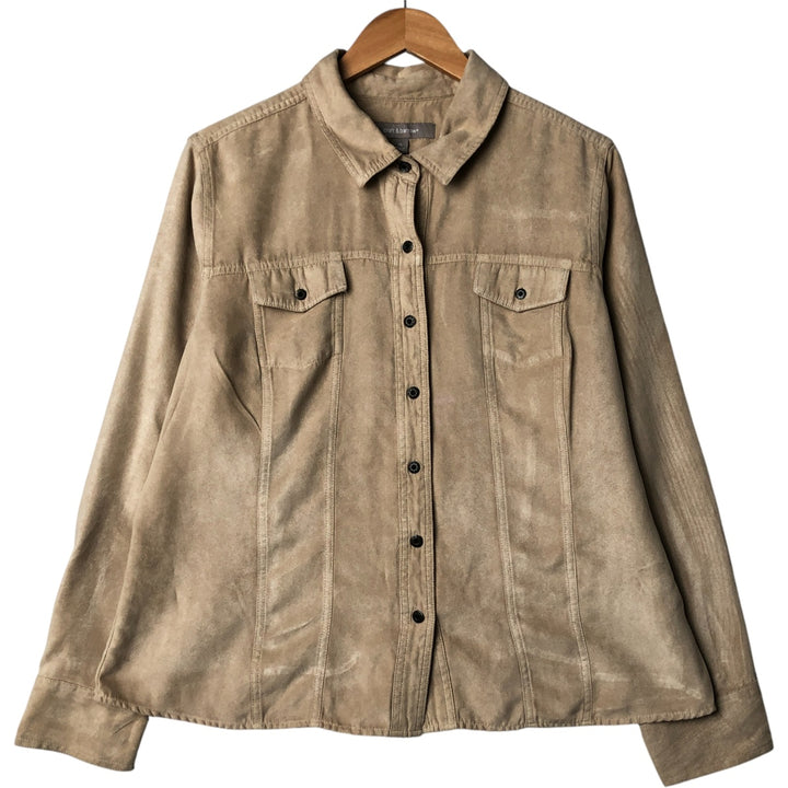 Craft and Barrow long-sleeved faux suede shirt, women's size XL polyester Beige type Vintage Second Hand