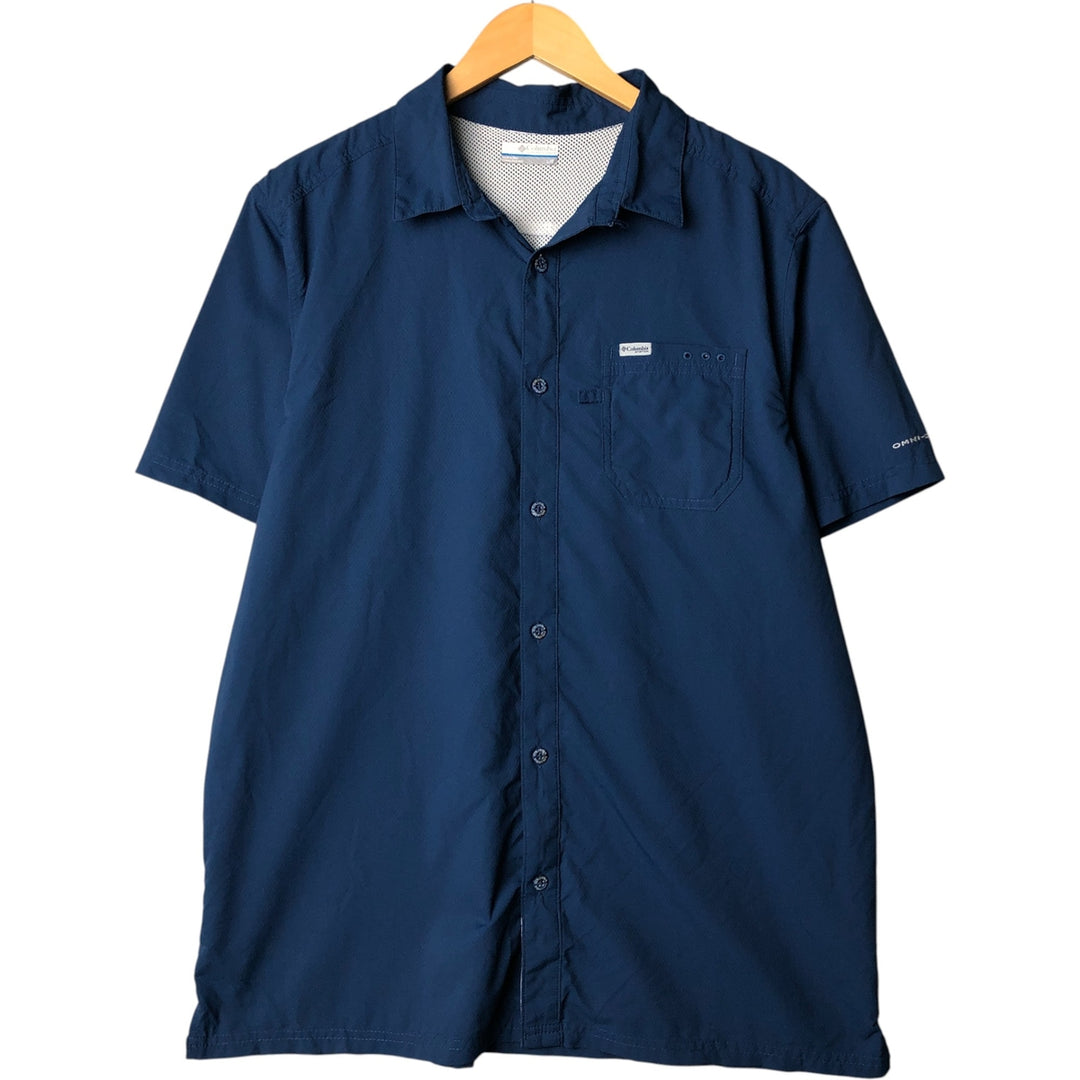 Columbia PFG OMNI-SHADE Short Sleeve Open Collar Fishing Shirt, Men's Size L polyester Navy blue Vintage Second Hand