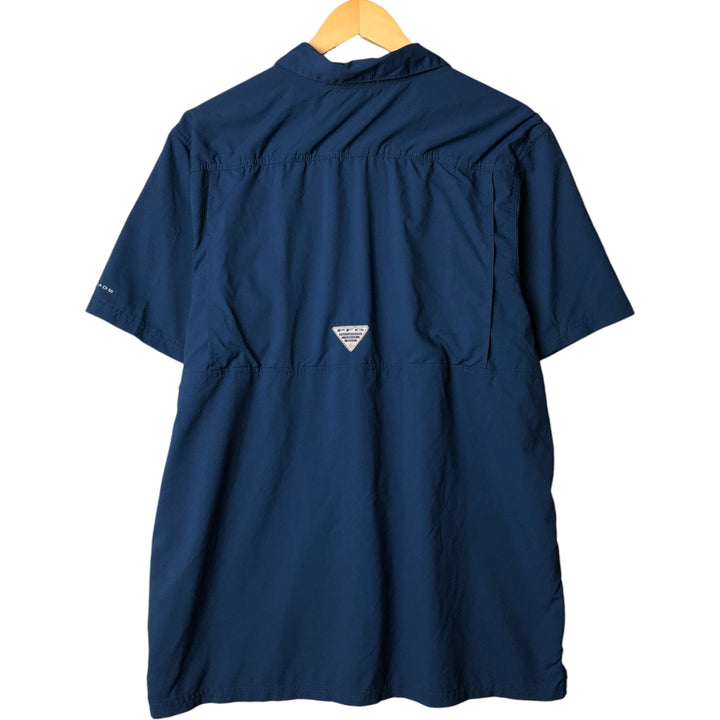 Columbia PFG OMNI-SHADE Short Sleeve Open Collar Fishing Shirt, Men's Size L polyester Navy blue Vintage Second Hand