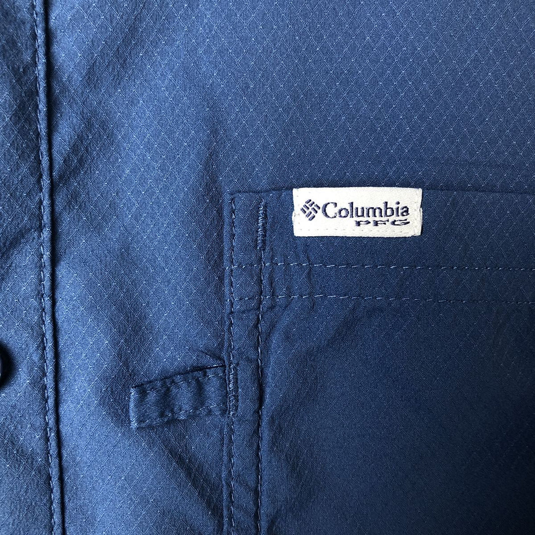 Columbia PFG OMNI-SHADE Short Sleeve Open Collar Fishing Shirt, Men's Size L polyester Navy blue Vintage Second Hand