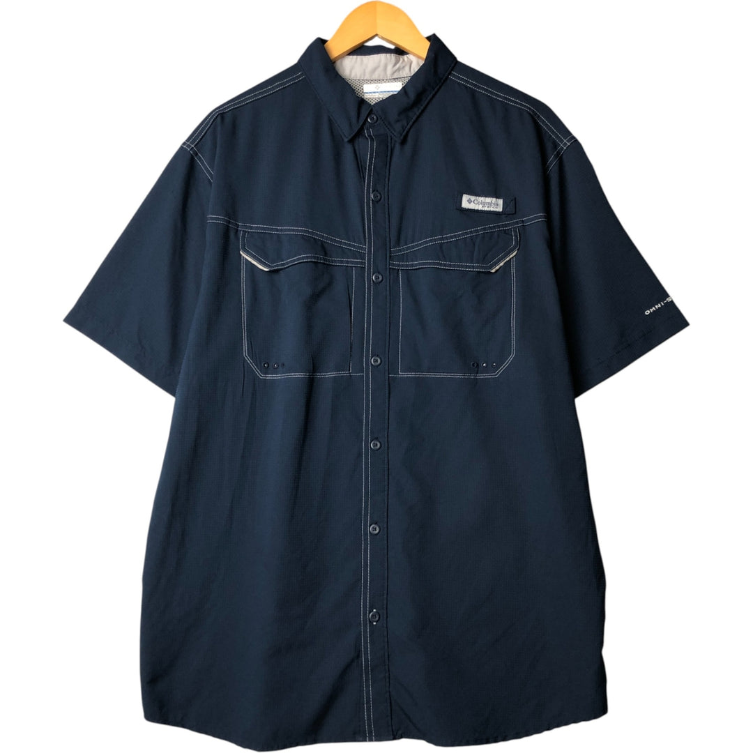 Columbia OMNI-SHADE Omni-Shade Button-Down Short Sleeve Fishing Shirt, Men's Size L polyester navy blue type Vintage Second Hand