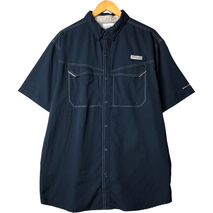 Columbia OMNI-SHADE Omni-Shade Button-Down Short Sleeve Fishing Shirt, Men's Size L polyester navy blue type Vintage Second Hand