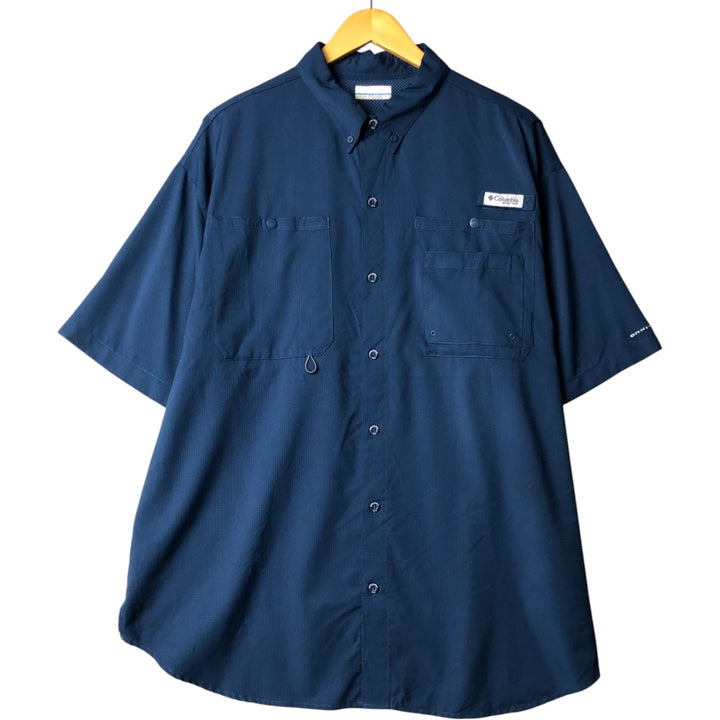 Columbia PFG OMNI-SHADE Omni-Shade Button-Down Short Sleeve Fishing Shirt, Men's XL polyester Navy blue Vintage Second Hand