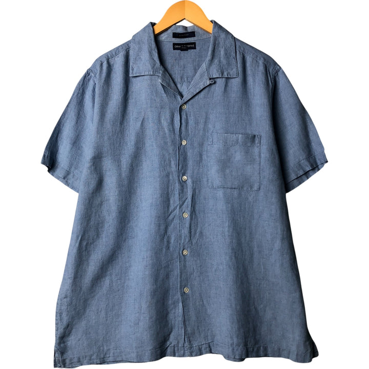GRANT THOMAS PURE LINEN Short Sleeve Open Collar Linen Shirt Box Shirt Men's Size L unclear blue type Vintage Second Hand