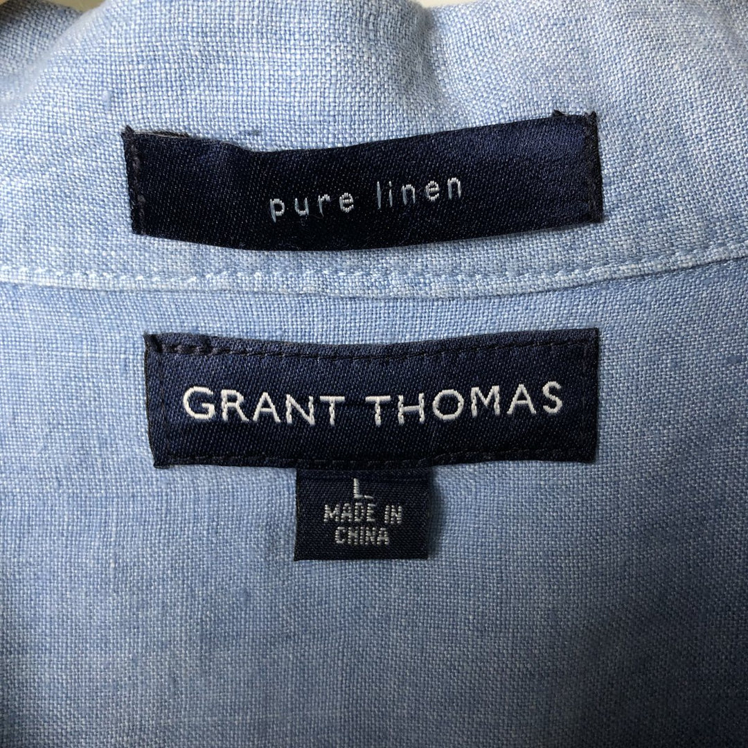 GRANT THOMAS PURE LINEN Short Sleeve Open Collar Linen Shirt Box Shirt Men's Size L unclear blue type Vintage Second Hand