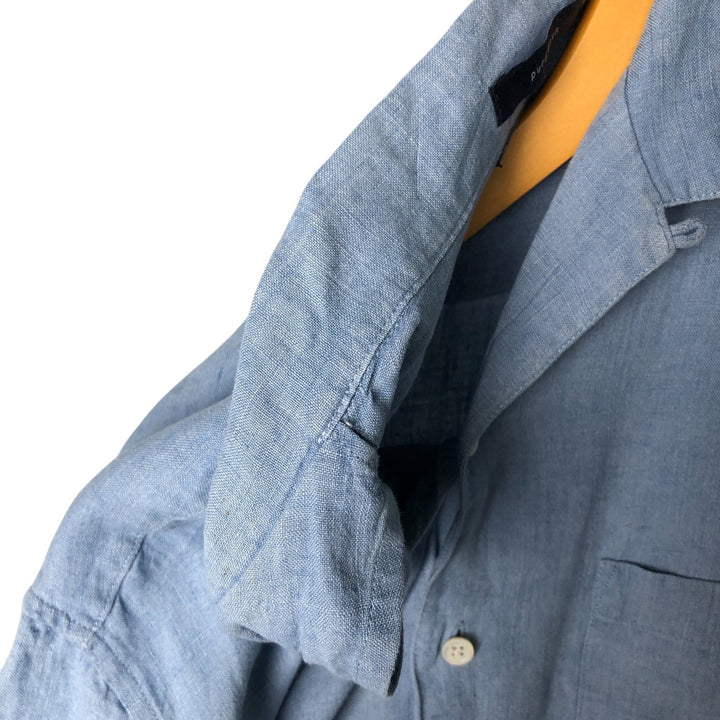 GRANT THOMAS PURE LINEN Short Sleeve Open Collar Linen Shirt Box Shirt Men's Size L unclear blue type Vintage Second Hand