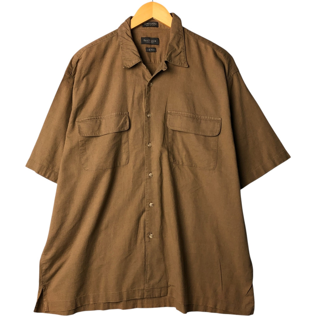 Van Heusen short-sleeved open-collar cotton and linen box shirt, men's size L linen brown type Vintage Second Hand